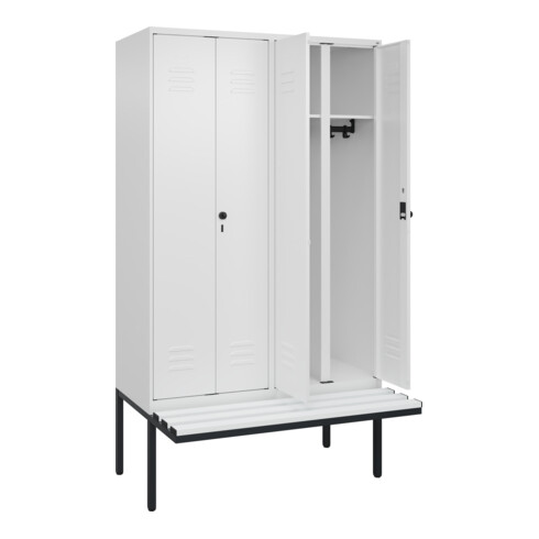 C+P Schwarz-Weiß-Spind Classic PLUS, Bank, 4 Abteile, 2120x1200x815mm, 9016/9016, Verschluss Sicherheits-Drehriegel, Sitzbanktyp auskragend, Material Sitzfläche Kunststoff