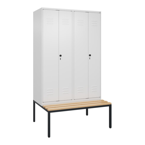 C+P Schwarz-Weiß-Spind Classic PLUS, Bank, 4 Abteile, 2120x1200x815mm, 9016/9016, Verschluss Sicherheits-Drehriegel, Sitzbanktyp untergebaut, Material Sitzfläche Buche-Hartholz