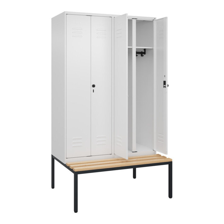 C+P Schwarz-Weiß-Spind Classic PLUS, Bank, 4 Abteile, 2120x1200x815mm, 9016/9016, Verschluss Sicherheits-Drehriegel, Sitzbanktyp untergebaut, Material Sitzfläche Buche-Hartholz