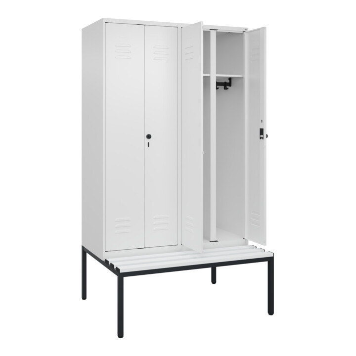 C+P Schwarz-Weiß-Spind Classic PLUS, Bank, 4 Abteile, 2120x1200x815mm, 9016/9016, Verschluss Sicherheits-Drehriegel, Sitzbanktyp untergebaut, Material Sitzfläche Kunststoff