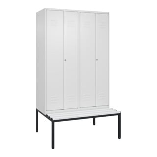 C+P Schwarz-Weiß-Spind Classic PLUS, Bank, 4 Abteile, 2120x1200x815mm, 9016/9016, Verschluss Zylinderschloss, Sitzbanktyp untergebaut, Material Sitzfläche Kunststoff