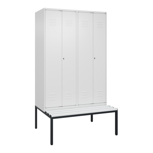 C+P Schwarz-Weiß-Spind Classic PLUS, Bank, 4 Abteile, 2120x1200x815mm, 9016/9016, Verschluss Zylinderschloss, Sitzbanktyp untergebaut, Material Sitzfläche Kunststoff