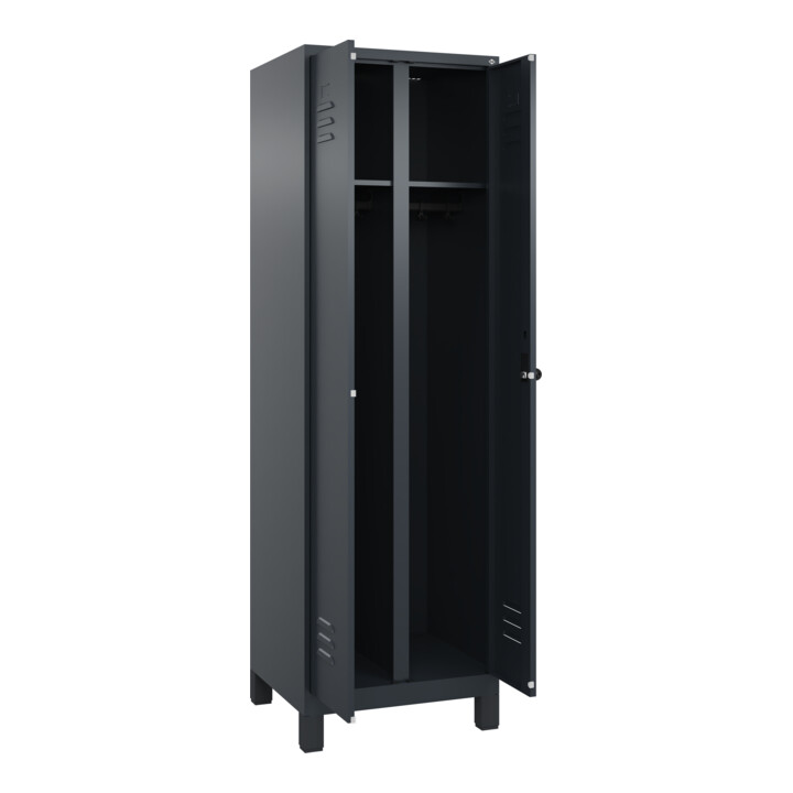C+P Schwarz-Weiß-Spind Classic PLUS, Füße, 2 Abteile, 1950x600x500mm, 7016/7016 Verschluss Sicherheits-Drehriegel