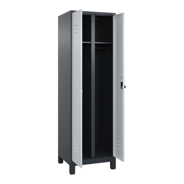 C+P Schwarz-Weiß-Spind Classic PLUS, Füße, 2 Abteile, 1950x600x500mm, 7016/7035 Verschluss Sicherheits-Drehriegel