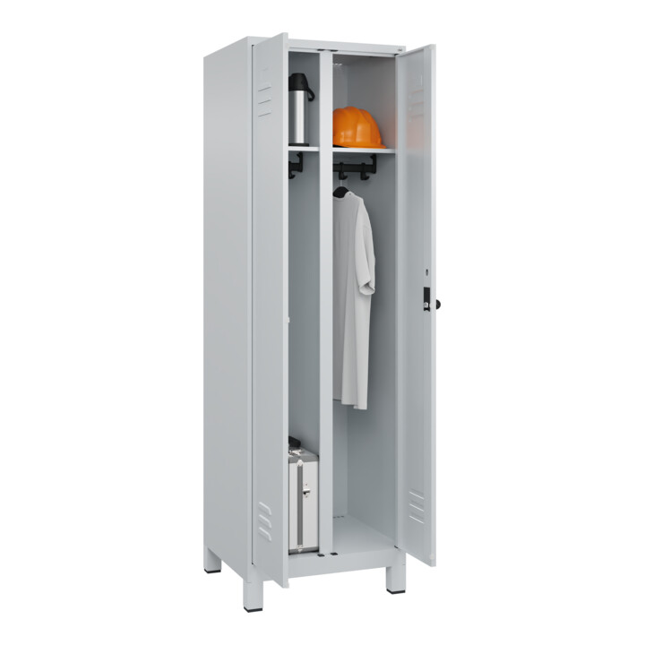 C+P Schwarz-Weiß-Spind Classic PLUS, Füße, 2 Abteile, 1950x600x500mm, 7035/7035 Verschluss Sicherheits-Drehriegel