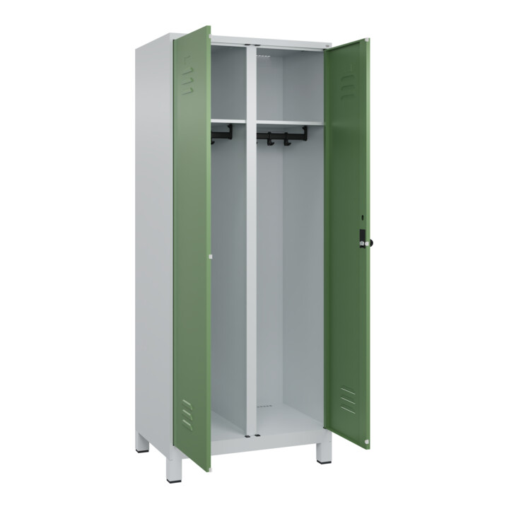 C+P Schwarz-Weiß-Spind Classic PLUS, Füße, 2 Abteile, 1950x800x500mm, 7035/6011 Verschluss Sicherheits-Drehriegel
