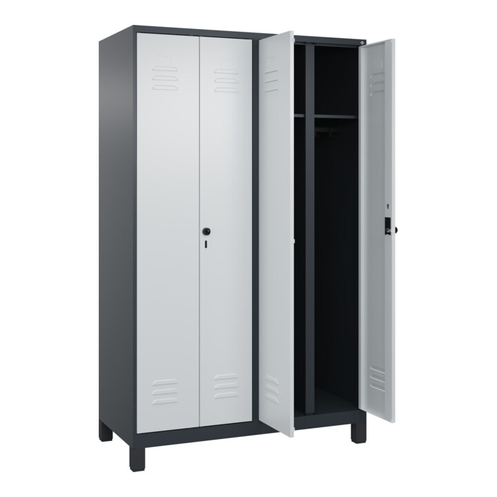 C+P Schwarz-Weiß-Spind Classic PLUS, Füße, 4 Abteile, 1950x1200x500mm, 7016/7035 Verschluss Sicherheits-Drehriegel