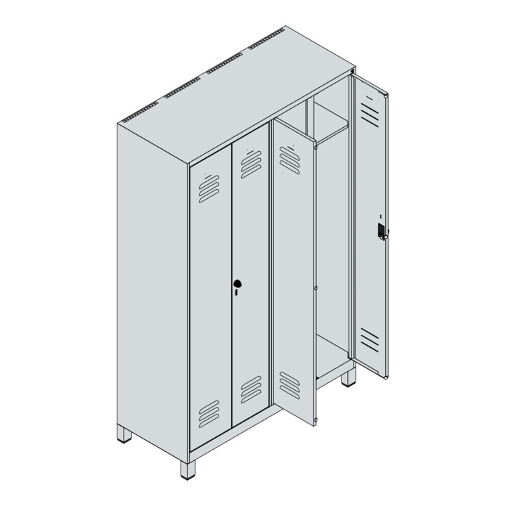 C+P Schwarz-Weiß-Spind Classic PLUS, Füße, 4 Abteile, 1950x1200x500mm, 7035/3020 Verschluss Sicherheits-Drehriegel