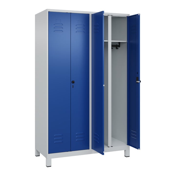 C+P Schwarz-Weiß-Spind Classic PLUS, Füße, 4 Abteile, 1950x1200x500mm, 7035/5010 Verschluss Sicherheits-Drehriegel