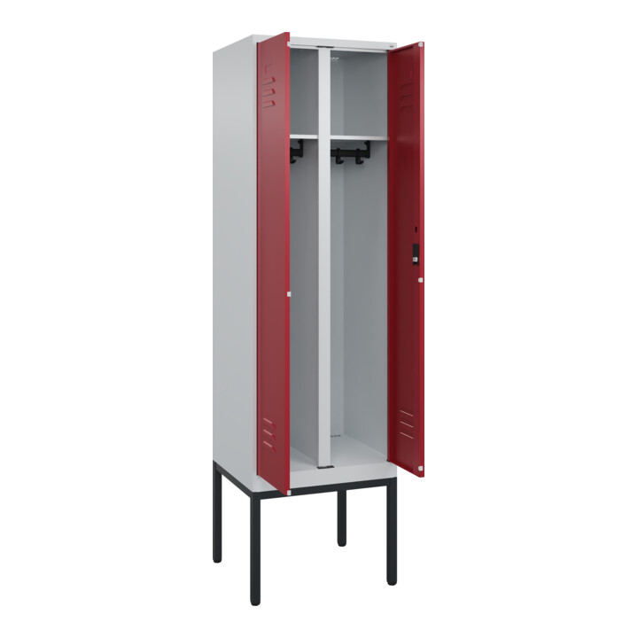 C+P Schwarz-Weiß-Spind Classic PLUS, Gestell, 2 Abteile, 2120x600x500mm, 7035/30 Front RAL 3003 Rubinrot Verschluss Zylinderschloss