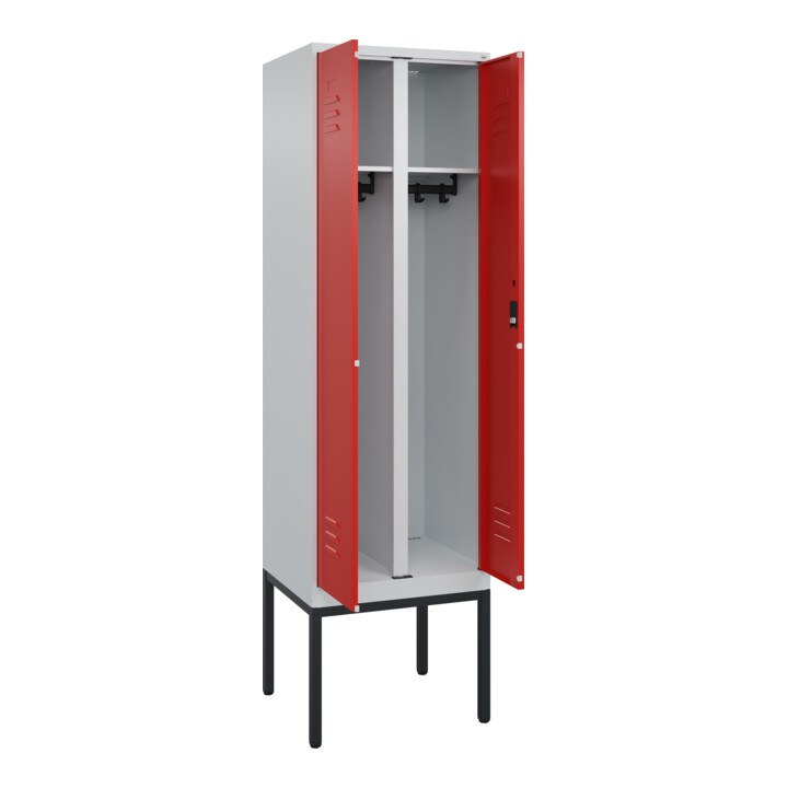 C+P Schwarz-Weiß-Spind Classic PLUS, Gestell, 2 Abteile, 2120x600x500mm, 7035/30 Front RAL 3020 Verkehrsrot Verschluss Zylinderschloss