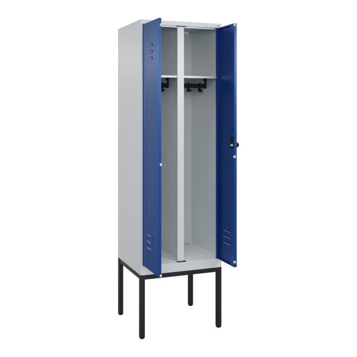 C+P Schwarz-Weiß-Spind Classic PLUS, Gestell, 2 Abteile, 2120x600x500mm, 7035/50 Front RAL 5010 Enzianblau Verschluss Sicherheits-Drehriegel