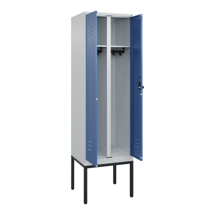C+P Schwarz-Weiß-Spind Classic PLUS, Gestell, 2 Abteile, 2120x600x500mm, 7035/50 Front RAL 5023 Fernblau Verschluss Sicherheits-Drehriegel