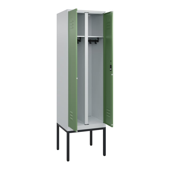 C+P Schwarz-Weiß-Spind Classic PLUS, Gestell, 2 Abteile, 2120x600x500mm, 7035/60 Front RAL 6011 Resedagrün Verschluss Zylinderschloss