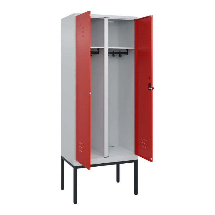C+P Schwarz-Weiß-Spind Classic PLUS, Gestell, 2 Abteile, 2120x800x500mm, 7035/30 Front RAL 3020 Verkehrsrot Verschluss Sicherheits-Drehriegel