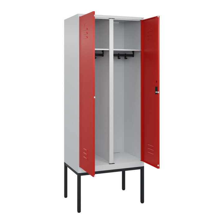 C+P Schwarz-Weiß-Spind Classic PLUS, Gestell, 2 Abteile, 2120x800x500mm, 7035/30 Front RAL 3020 Verkehrsrot Verschluss Zylinderschloss