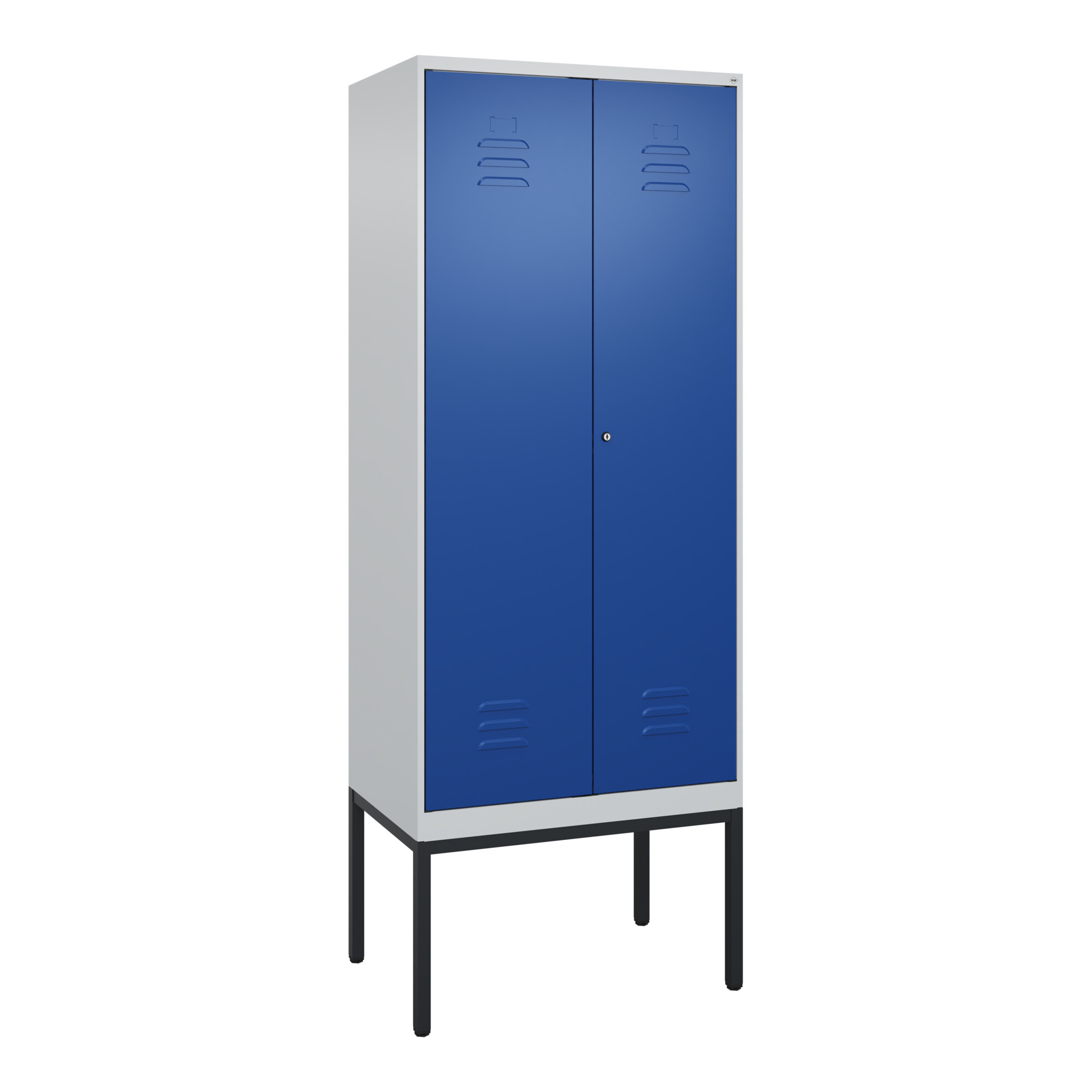 C+P Schwarz-Weiß-Spind Classic PLUS, Gestell, 2 Abteile, 2120x800x500mm, 7035/50 Front RAL 5010 Enzianblau Verschluss Zylinderschloss ; C + P Möbelsys
