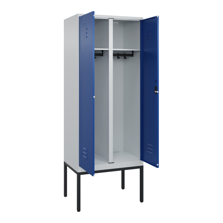 C+P Schwarz-Weiß-Spind Classic PLUS, Gestell, 2 Abteile, 2120x800x500mm, 7035/50 Front RAL 5010 Enzianblau Verschluss Zylinderschloss