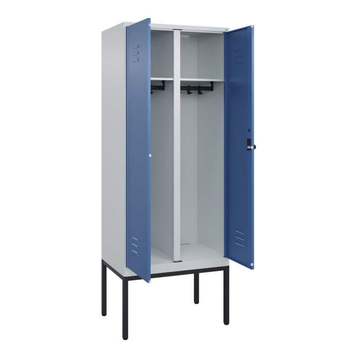 C+P Schwarz-Weiß-Spind Classic PLUS, Gestell, 2 Abteile, 2120x800x500mm, 7035/50 Front RAL 5023 Fernblau Verschluss Sicherheits-Drehriegel