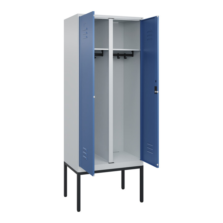 C+P Schwarz-Weiß-Spind Classic PLUS, Gestell, 2 Abteile, 2120x800x500mm, 7035/50 Front RAL 5023 Fernblau Verschluss Zylinderschloss