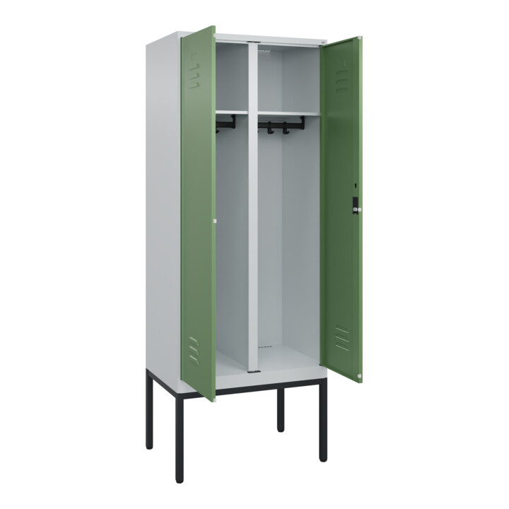 C+P Schwarz-Weiß-Spind Classic PLUS, Gestell, 2 Abteile, 2120x800x500mm, 7035/60 Front RAL 6011 Resedagrün Verschluss Zylinderschloss