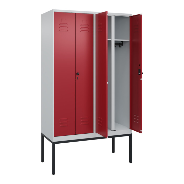 C+P Schwarz-Weiß-Spind Classic PLUS, Gestell, 4 Abteile, 2120x1200x500mm, 7035/3 Front RAL 3003 Rubinrot Verschluss Sicherheits-Drehriegel