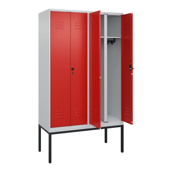 C+P Schwarz-Weiß-Spind Classic PLUS, Gestell, 4 Abteile, 2120x1200x500mm, 7035/3 Front RAL 3020 Verkehrsrot Verschluss Sicherheits-Drehriegel