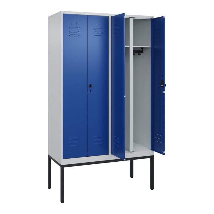 C+P Schwarz-Weiß-Spind Classic PLUS, Gestell, 4 Abteile, 2120x1200x500mm, 7035/5 Front RAL 5010 Enzianblau Verschluss Sicherheits-Drehriegel