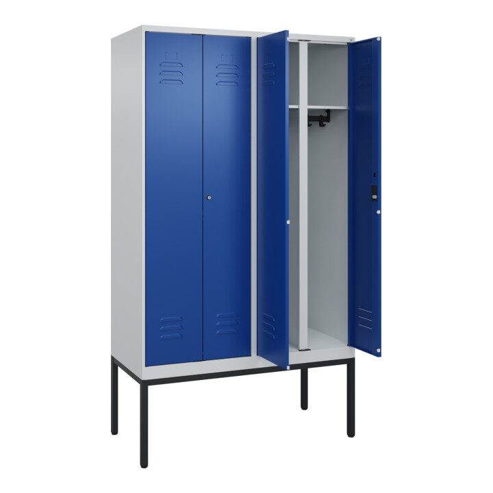 C+P Schwarz-Weiß-Spind Classic PLUS, Gestell, 4 Abteile, 2120x1200x500mm, 7035/5 Front RAL 5010 Enzianblau Verschluss Zylinderschloss