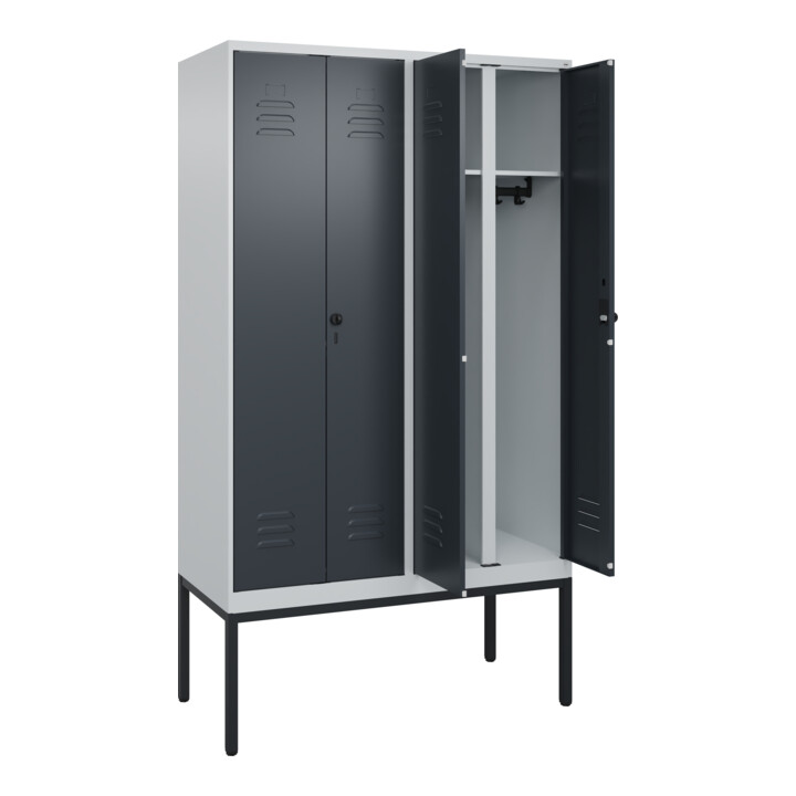 C+P Schwarz-Weiß-Spind Classic PLUS, Gestell, 4 Abteile, 2120x1200x500mm, 7035/7 Front RAL 7016 Anthrazitgrau Verschluss Sicherheits-Drehriegel