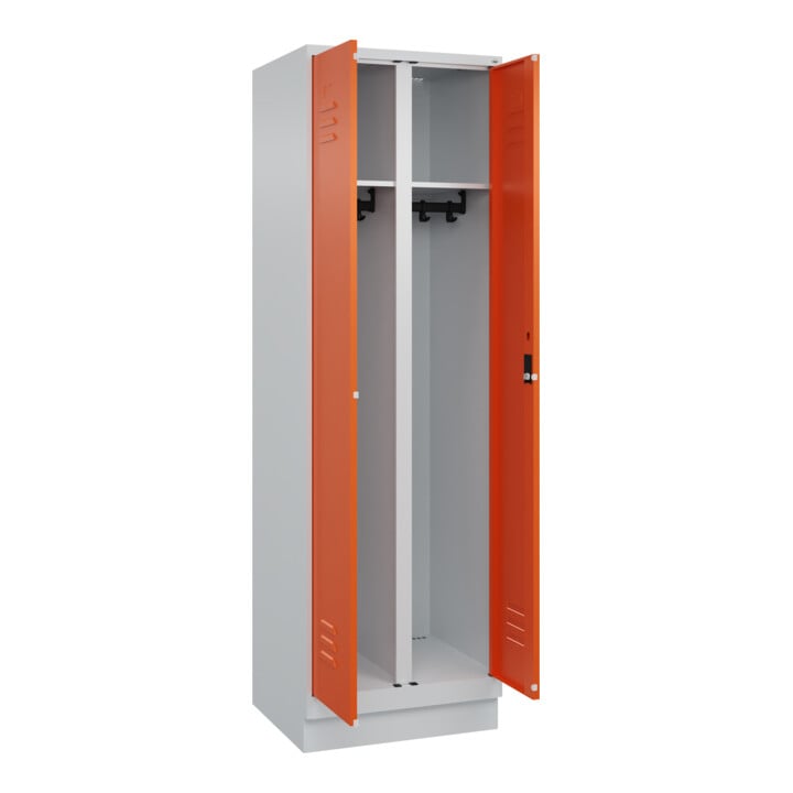 C+P Schwarz-Weiß-Spind Classic PLUS, Sockel, 2 Abteile, 1950x600x500mm, 7035/200 Front RAL 2004 Reinorange Verschluss Zylinderschloss