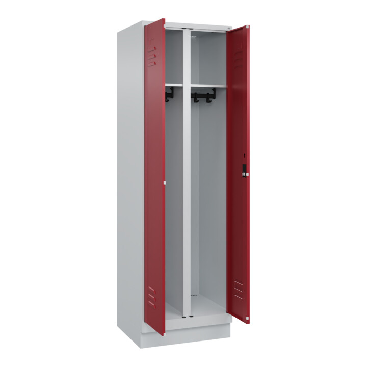 C+P Schwarz-Weiß-Spind Classic PLUS, Sockel, 2 Abteile, 1950x600x500mm, 7035/300 Front RAL 3003 Rubinrot Verschluss Zylinderschloss