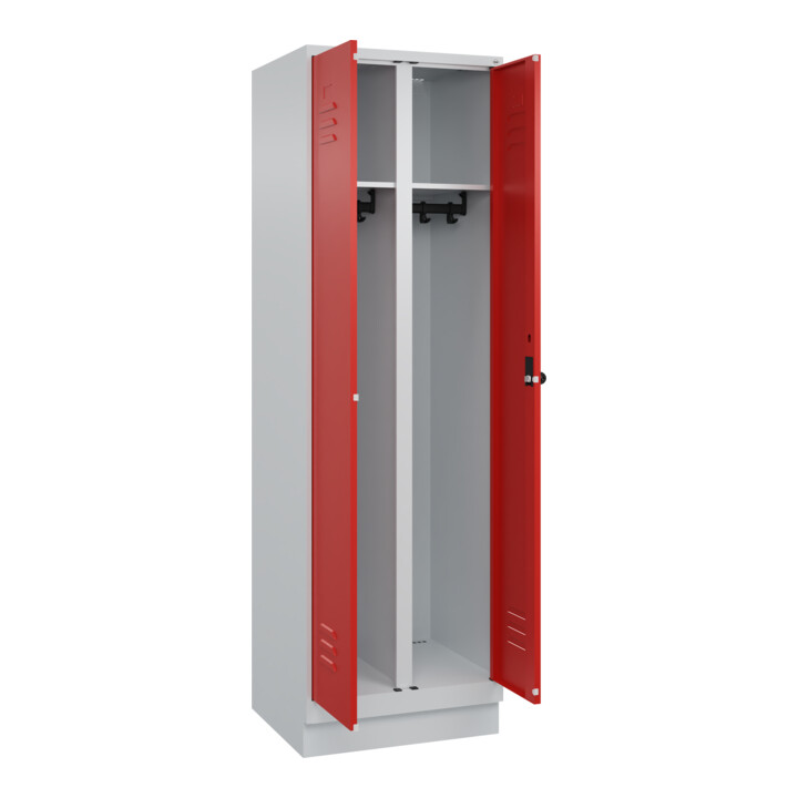 C+P Schwarz-Weiß-Spind Classic PLUS, Sockel, 2 Abteile, 1950x600x500mm, 7035/302 Front RAL 3020 Verkehrsrot Verschluss Sicherheits-Drehriegel