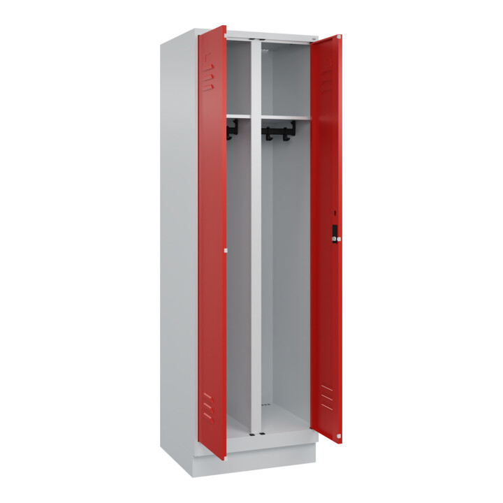 C+P Schwarz-Weiß-Spind Classic PLUS, Sockel, 2 Abteile, 1950x600x500mm, 7035/302 Front RAL 3020 Verkehrsrot Verschluss Zylinderschloss