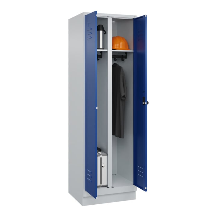 C+P Schwarz-Weiß-Spind Classic PLUS, Sockel, 2 Abteile, 1950x600x500mm, 7035/501 Front RAL 5010 Enzianblau Verschluss Sicherheits-Drehriegel