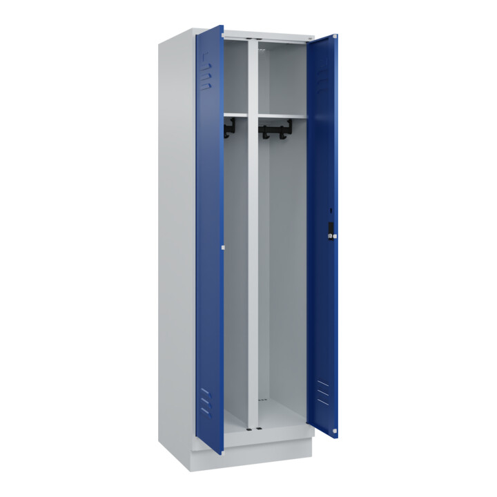 C+P Schwarz-Weiß-Spind Classic PLUS, Sockel, 2 Abteile, 1950x600x500mm, 7035/501 Front RAL 5010 Enzianblau Verschluss Zylinderschloss