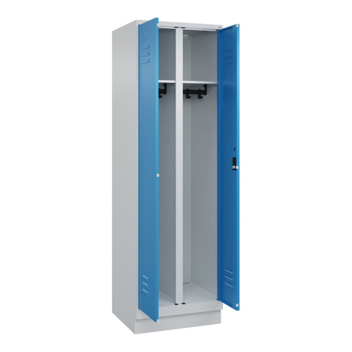 C+P Schwarz-Weiß-Spind Classic PLUS, Sockel, 2 Abteile, 1950x600x500mm, 7035/501 Front RAL 5012 Lichtblau Verschluss Zylinderschloss