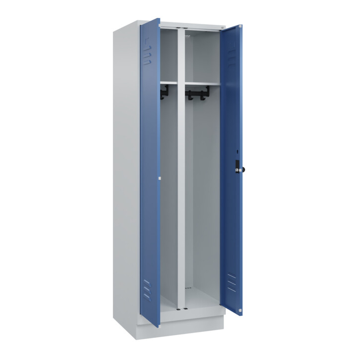 C+P Schwarz-Weiß-Spind Classic PLUS, Sockel, 2 Abteile, 1950x600x500mm, 7035/502 Front RAL 5023 Fernblau Verschluss Sicherheits-Drehriegel