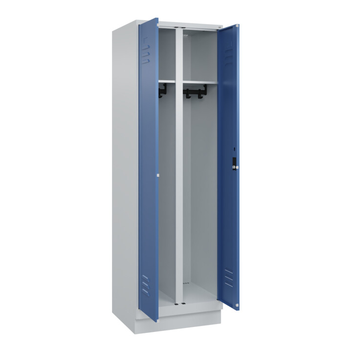 C+P Schwarz-Weiß-Spind Classic PLUS, Sockel, 2 Abteile, 1950x600x500mm, 7035/502 Front RAL 5023 Fernblau Verschluss Zylinderschloss