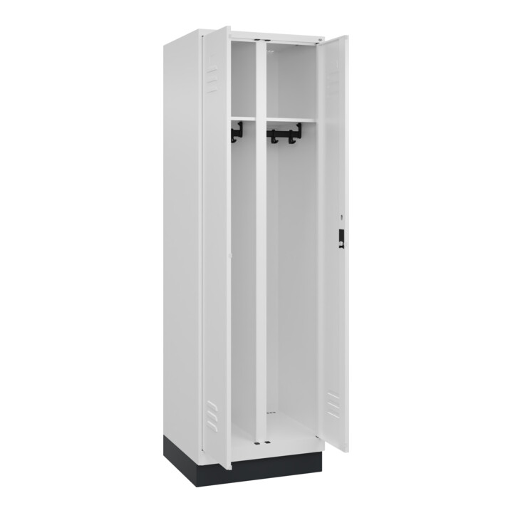 C+P Schwarz-Weiß-Spind Classic PLUS, Sockel, 2 Abteile, 1950x600x500mm, 9016/901 Front RAL 9016 Verkehrsweiß Verschluss Zylinderschloss