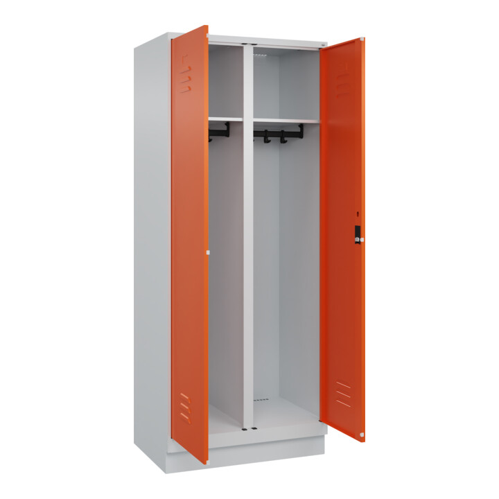 C+P Schwarz-Weiß-Spind Classic PLUS, Sockel, 2 Abteile, 1950x800x500mm, 7035/200 Front RAL 2004 Reinorange Verschluss Zylinderschloss
