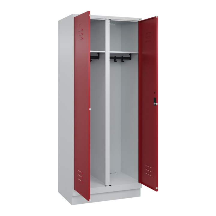 C+P Schwarz-Weiß-Spind Classic PLUS, Sockel, 2 Abteile, 1950x800x500mm, 7035/300 Front RAL 3003 Rubinrot Verschluss Zylinderschloss
