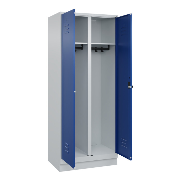 C+P Schwarz-Weiß-Spind Classic PLUS, Sockel, 2 Abteile, 1950x800x500mm, 7035/501 Front RAL 5010 Enzianblau Verschluss Sicherheits-Drehriegel