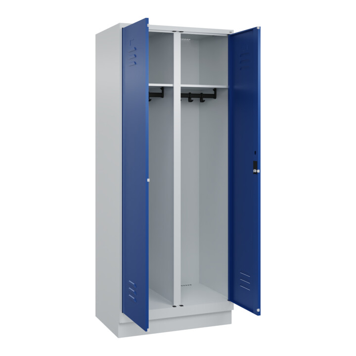 C+P Schwarz-Weiß-Spind Classic PLUS, Sockel, 2 Abteile, 1950x800x500mm, 7035/501 Front RAL 5010 Enzianblau Verschluss Zylinderschloss