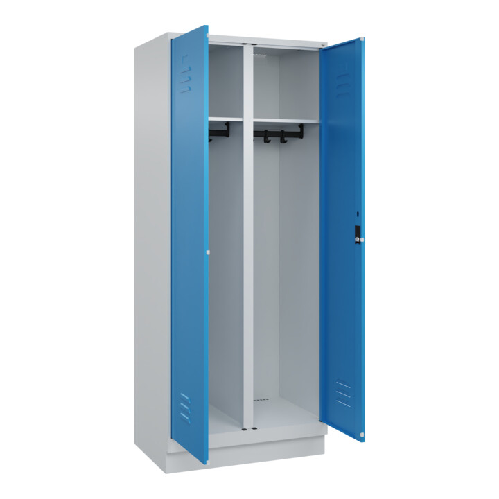 C+P Schwarz-Weiß-Spind Classic PLUS, Sockel, 2 Abteile, 1950x800x500mm, 7035/501 Front RAL 5012 Lichtblau Verschluss Zylinderschloss