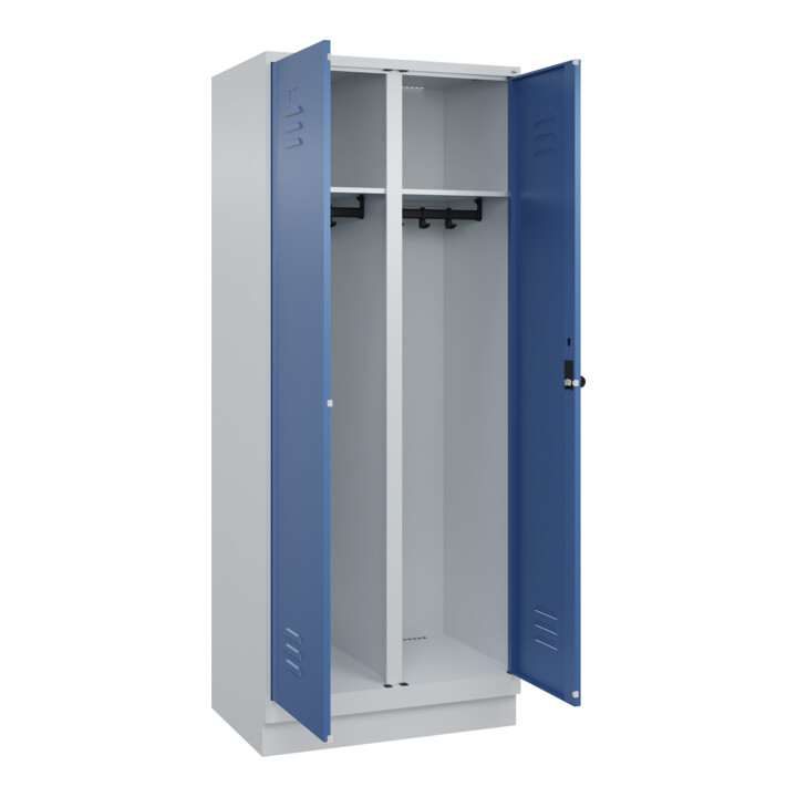 C+P Schwarz-Weiß-Spind Classic PLUS, Sockel, 2 Abteile, 1950x800x500mm, 7035/502 Front RAL 5023 Fernblau Verschluss Sicherheits-Drehriegel