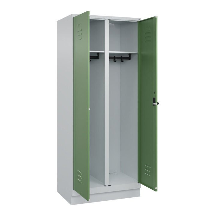 C+P Schwarz-Weiß-Spind Classic PLUS, Sockel, 2 Abteile, 1950x800x500mm, 7035/601 Front RAL 6011 Resedagrün Verschluss Sicherheits-Drehriegel