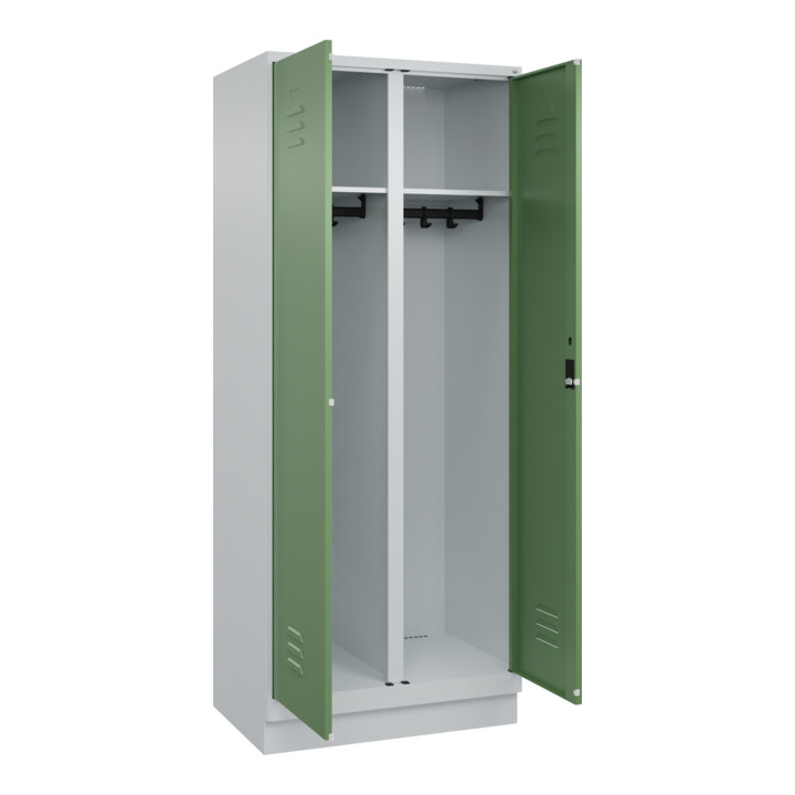 C+P Schwarz-Weiß-Spind Classic PLUS, Sockel, 2 Abteile, 1950x800x500mm, 7035/601 Front RAL 6011 Resedagrün Verschluss Zylinderschloss