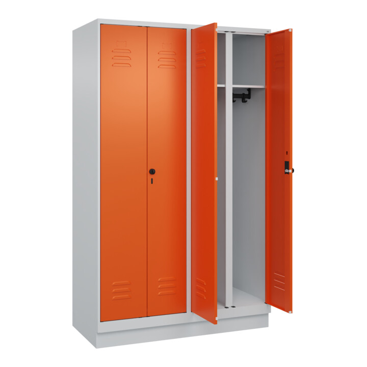 C+P Schwarz-Weiß-Spind Classic PLUS, Sockel, 4 Abteile, 1950x1200x500mm, 7035/20 Front RAL 2004 Reinorange Verschluss Sicherheits-Drehriegel