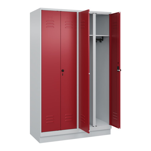 C+P Schwarz-Weiß-Spind Classic PLUS, Sockel, 4 Abteile, 1950x1200x500mm, 7035/30 Front RAL 3003 Rubinrot Verschluss Sicherheits-Drehriegel